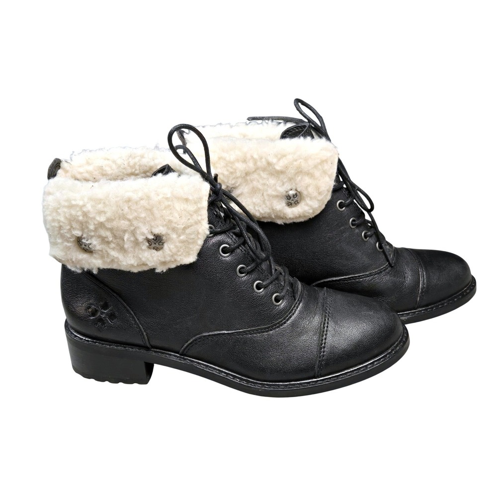 Women's Patricia Nash 7.5 Lia 2 Black Leather Shearling Cuff Lace Up Boots